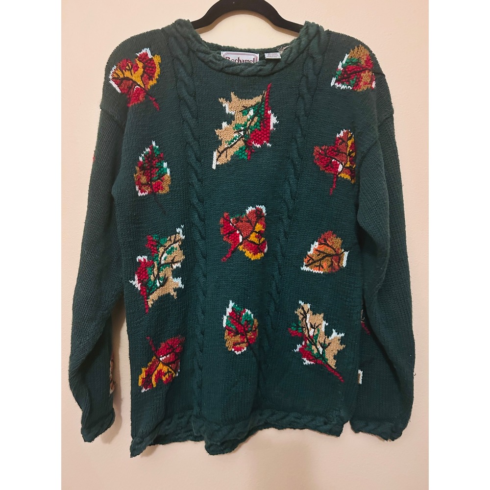 Bechamel Casual Sweater Women Small Green Fall Leaf Hand Knit Cable vintage